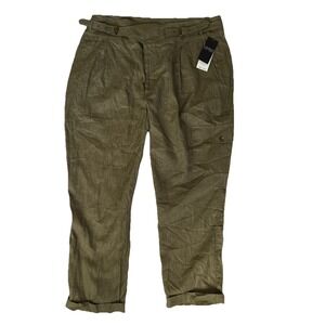 Ralph Lauren 100% Linen Pants Women's Size 16 Green Cargo Pocket Buckle‎ Pleat